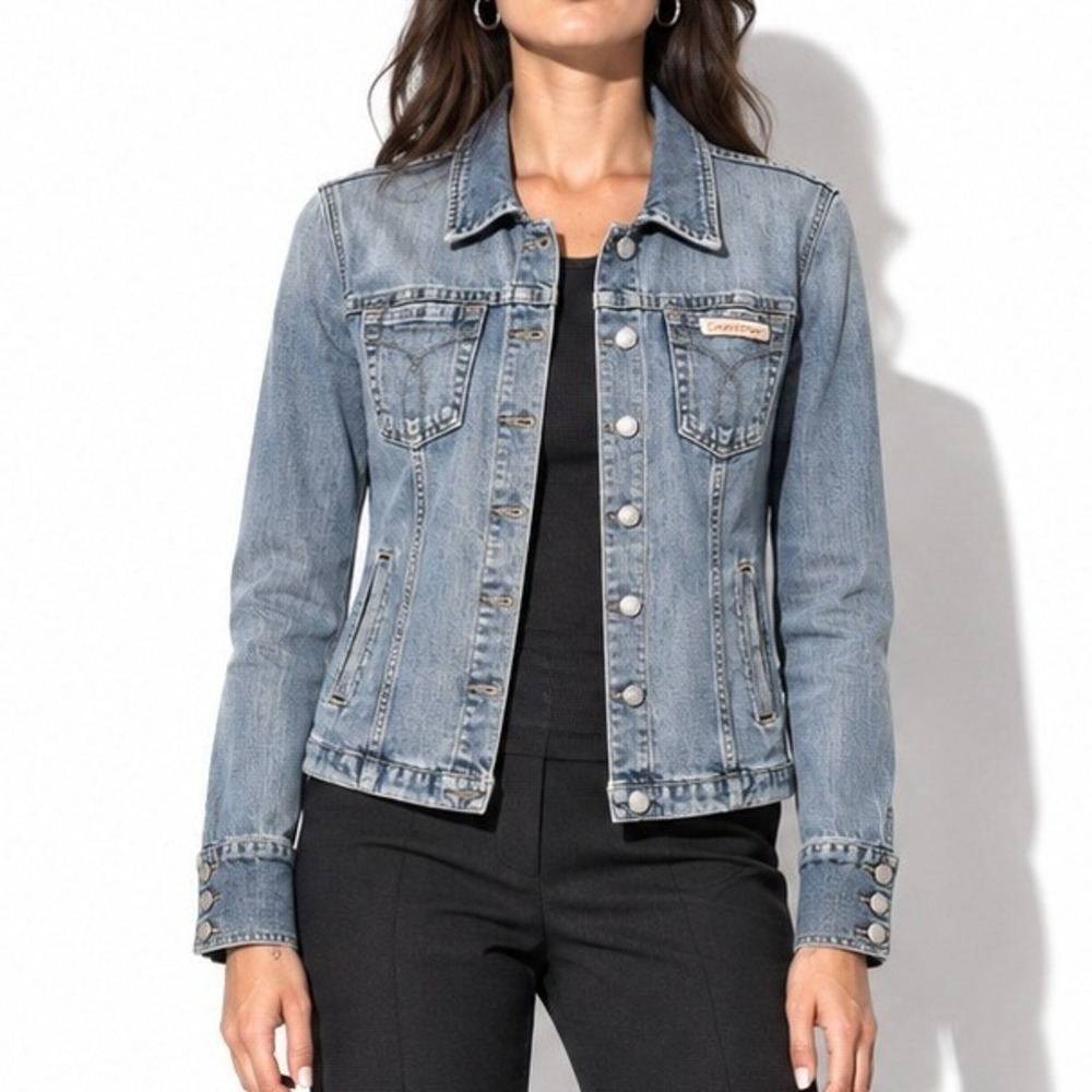 2000s Vintage Calvin Klein Denim Jacket Womens M Light Wash Tailored Fit Y2k